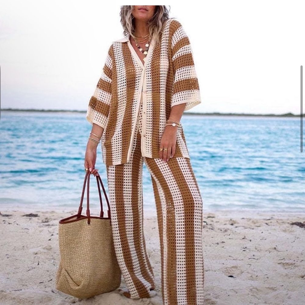 SOLITAIRE Sexy Hollow Out 2 Piece Knit Crochet Top and Drawstring Pants Set